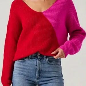 Astr Red and Hot Pink Diagonal Colorblock V-Neck Sweater NWOT